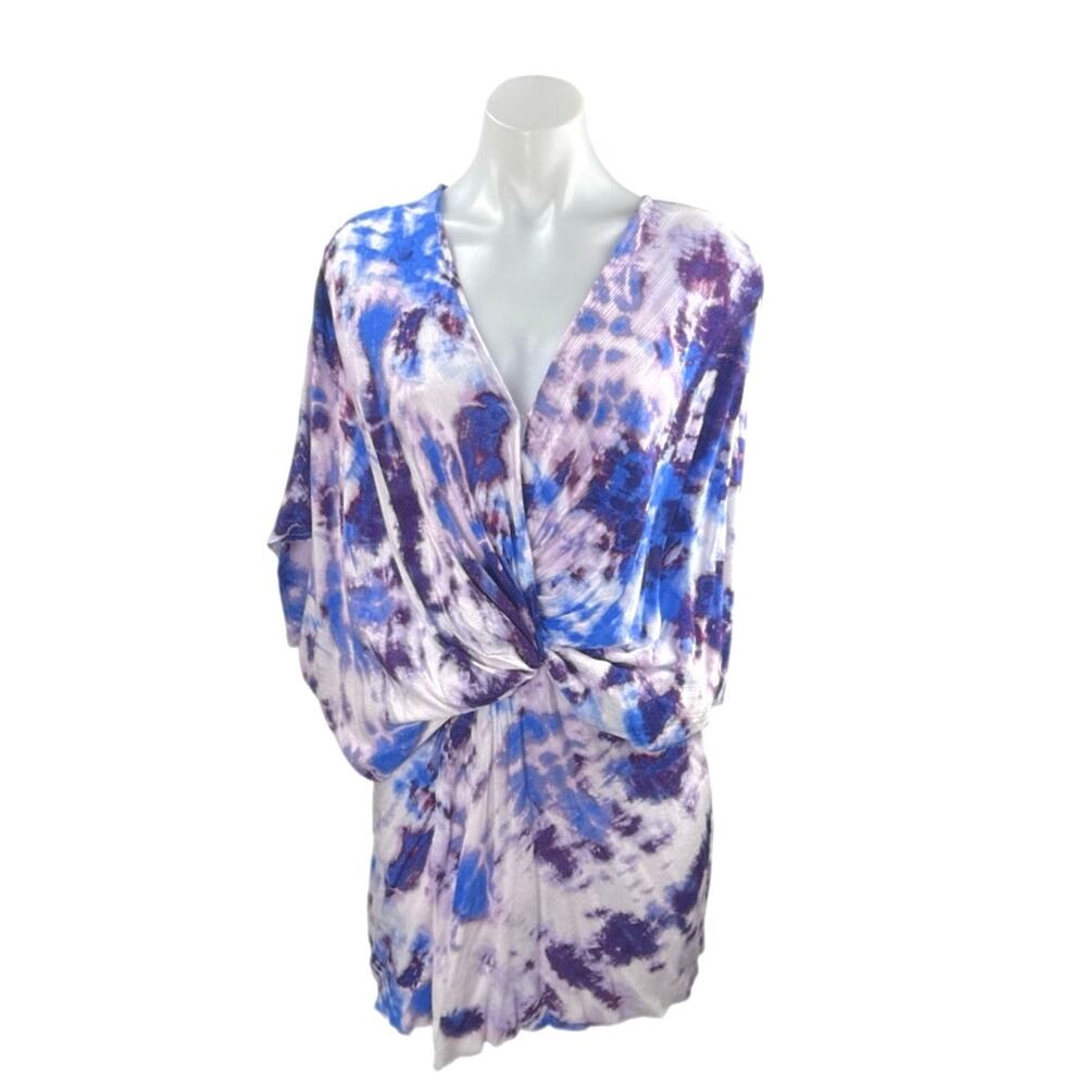 Signature8 Purple Tie Dye Twist Floral Dolman Sleeve Blouson Mini Dress Size M